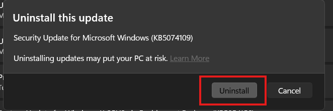Confirm uninstall dialog