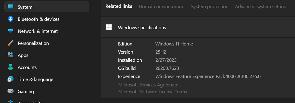 Windows About screen showing build number