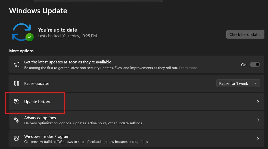 Update history screen