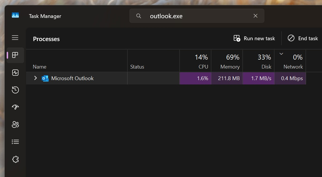 Task Manager showing Outlook process