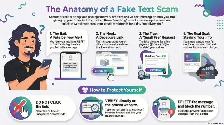 Infographic showing how to spot a fake USPS text scam