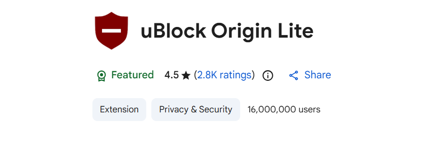 uBlock Origin Lite browser extension with 4.5 star rating